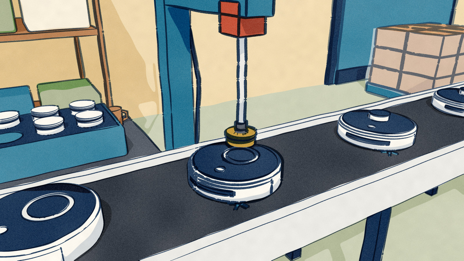 On a robot-vacuum assembly line, a machine arm lowers a LiDAR turret into the empty socket on top of the nearest robot; a tote of spare turrets waits beside the belt, and at the end of the line finished robots sit boxed and wrapped on a pallet in front of a closed loading door.