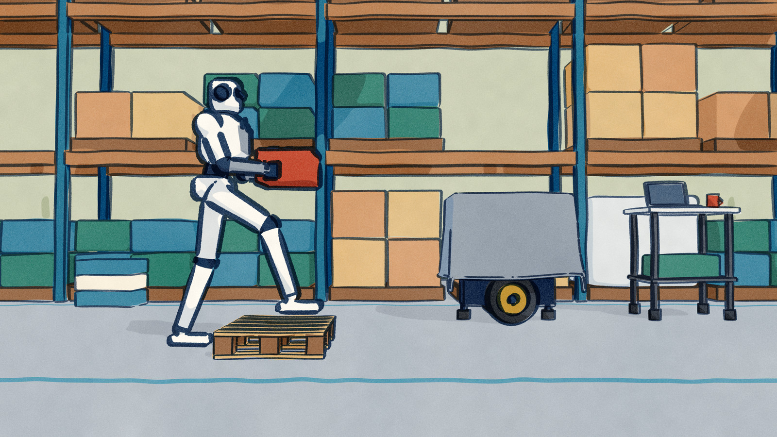 A legged humanoid carrying a red tote strides over an empty wooden pallet in a warehouse aisle, beside a boxy machine hidden under a grey dust sheet with only its wheels showing.