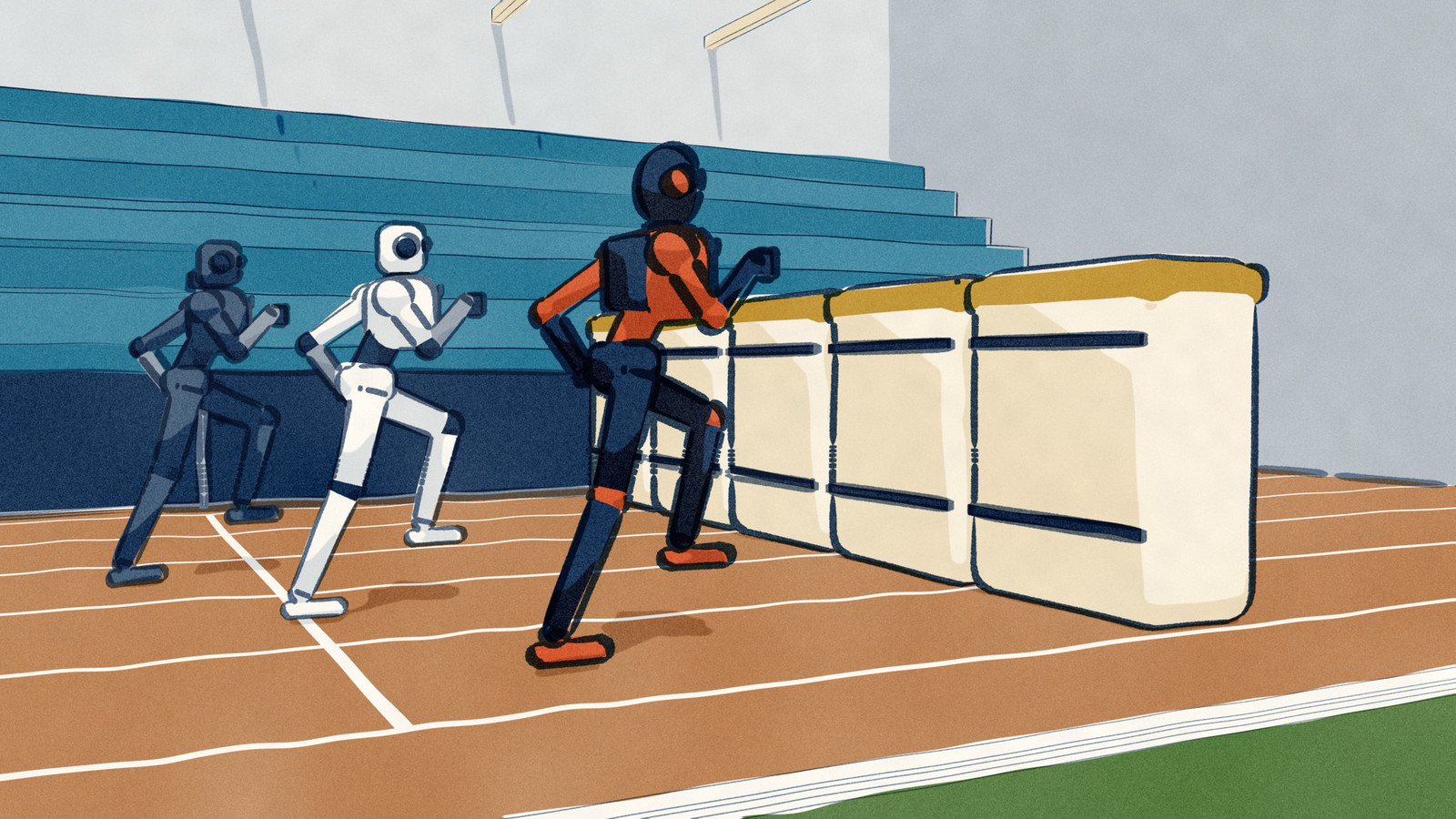 A humanoid robot sprints across the finish line of an indoor track ahead of two rival robots in the next lanes, still at full stride, a few metres short of the padded wall set across the lanes to stop it.