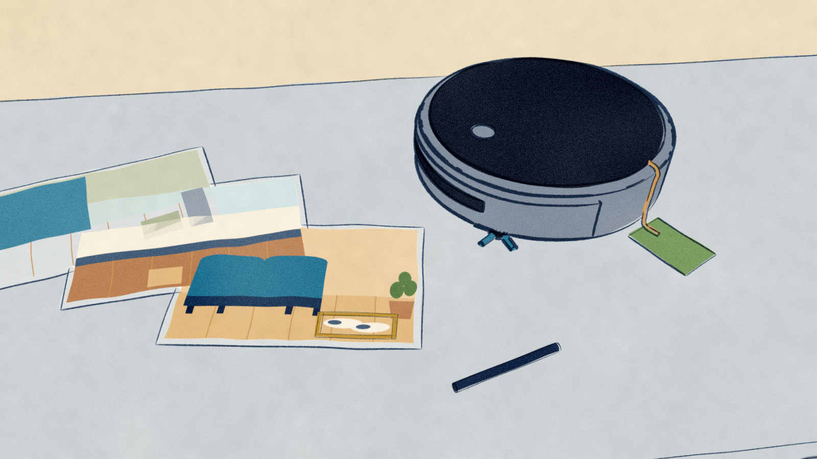 An office desk far from anyone's house: a development robot vacuum with a test tag beside a fan of prints showing rooms from floor height, the underside of a sofa and a pair of slippers, with a labelling box drawn around the slippers on the top print.