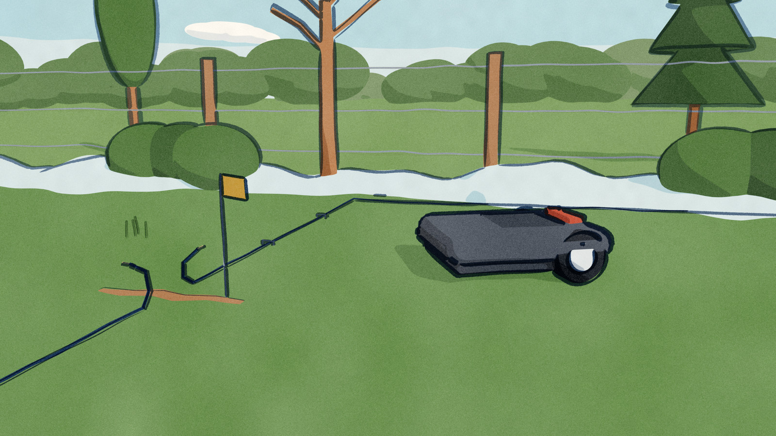 The first mild morning of spring: old snow still lies in a drift along a post and wire fence, frost has lifted the boundary wire out of the lawn and snapped it, a marker flag stands at the break, and the robot mower has stopped in the middle of the grass.