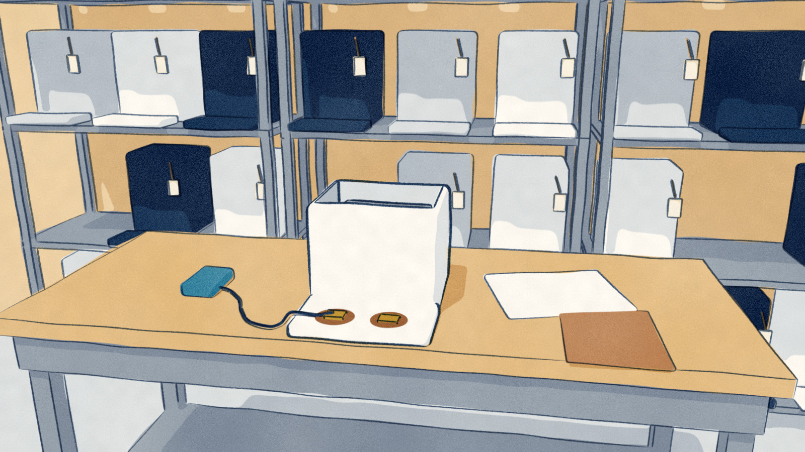 In a returns room, steel shelves hold docks sent back after a recall, each tagged; on the bench one dock has its cover off and its charging contacts are browned by heat.