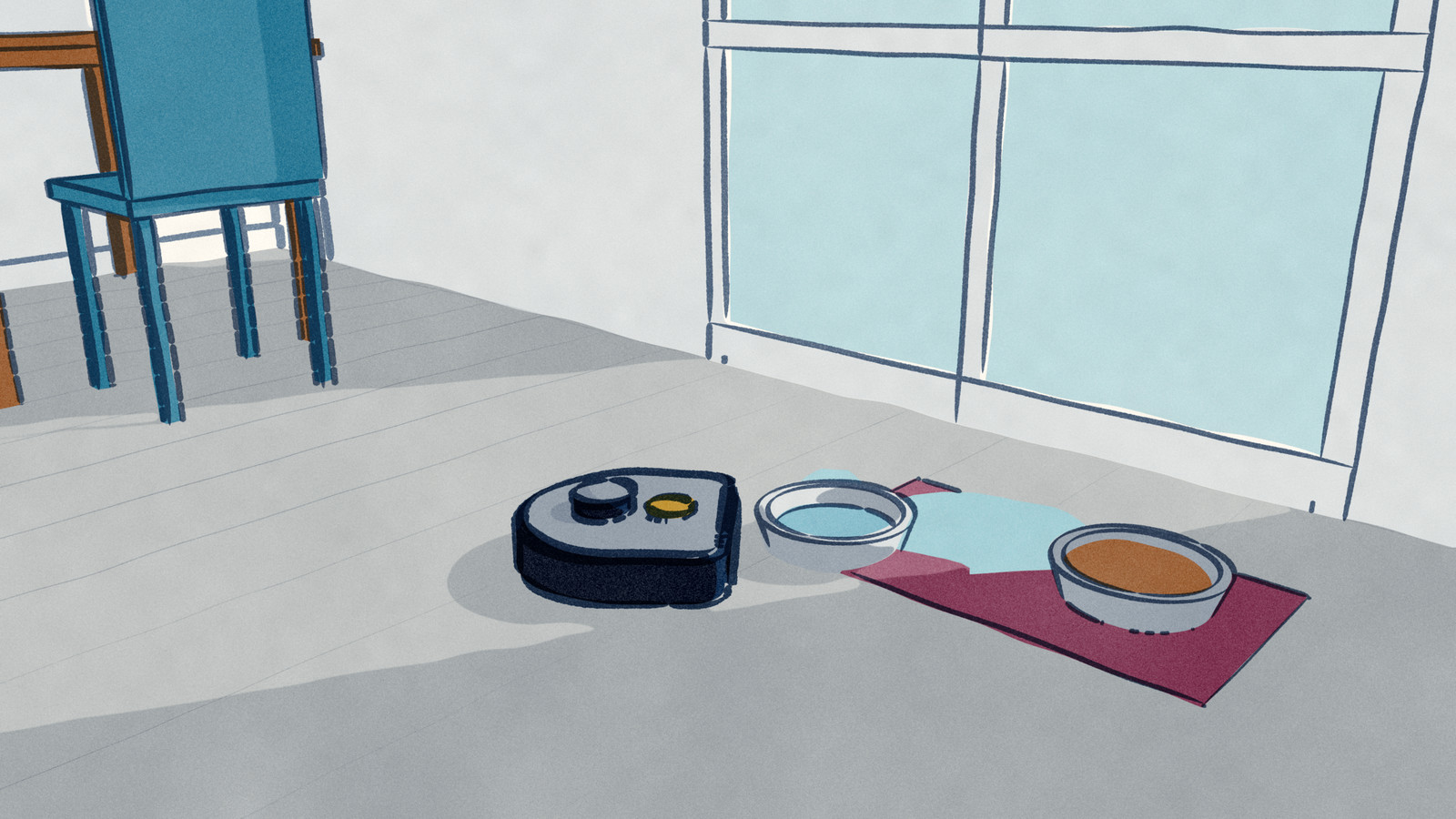 A D-shaped robot vacuum has run into the dog's bowls by a patio door, one bowl knocked askew and water spilled across the floorboards; the start button on its lid is the one control left.