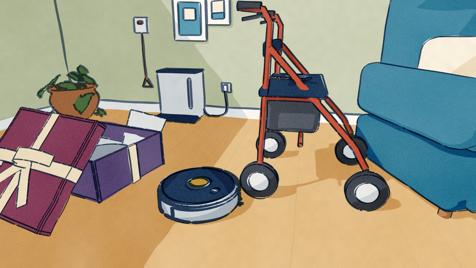 In an older parent's sitting room, a robot vacuum rolls off its tall self-emptying base toward an armchair with a walker parked beside it, while the open gift box it came in lies on the floor and a red emergency pull cord hangs on the wall.