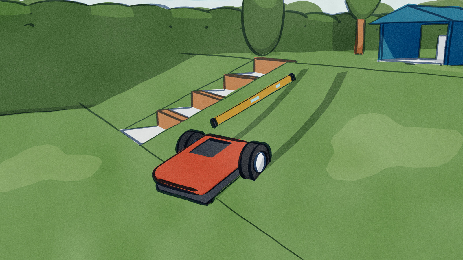 Early morning on a wet garden bank: a robot mower has slid down the slope and stuck where the bank meets the flat lawn, its tracks dark in the dew above it, while a spirit level laid down the face of the bank measures the grade beside sleeper steps cut into it.