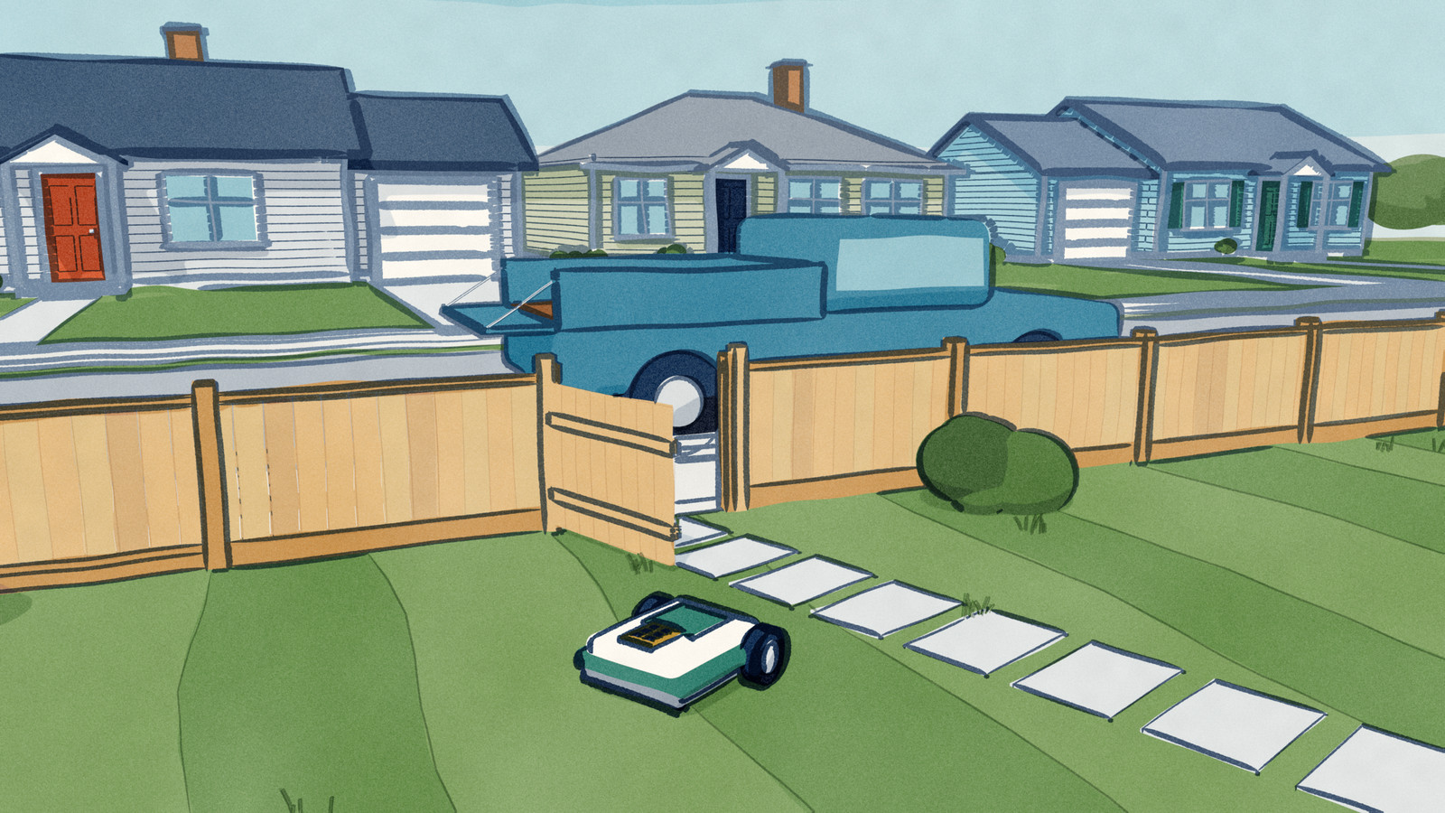 A robot mower works a front lawn near an open side gate; past the gate, at the curb, a pickup waits with its tailgate down and its bed empty.