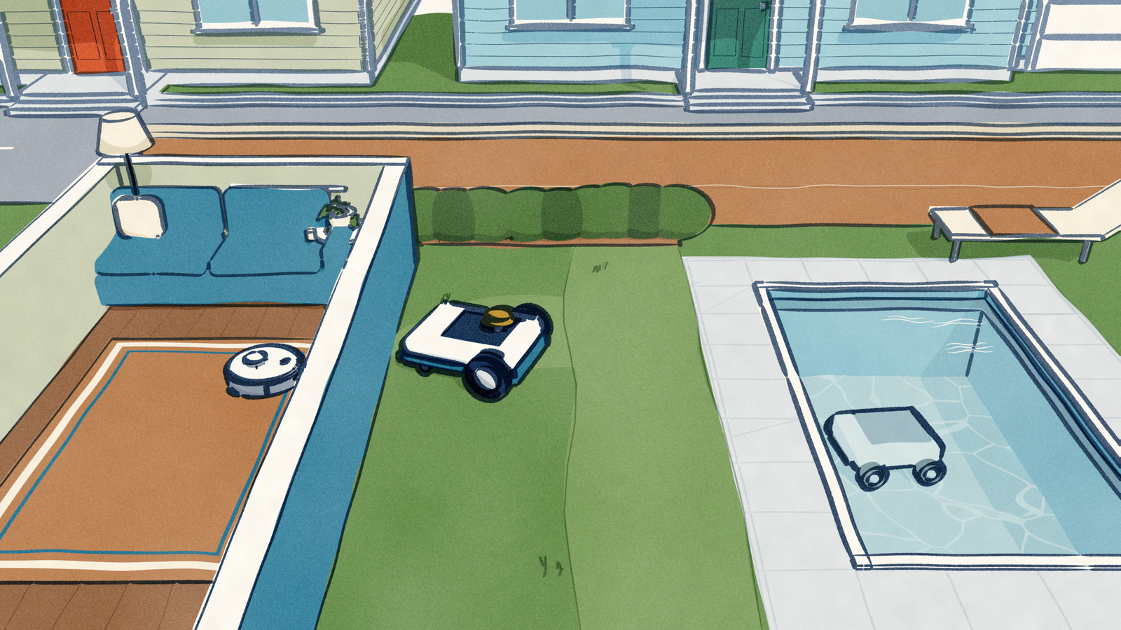 A house plot seen from above with the house walls cut away: a robot vacuum on the living-room rug, a robot mower on the lawn beside the house and a pool robot on the pool floor, each inside its own walls, with a brick garden wall and a street of houses beyond.