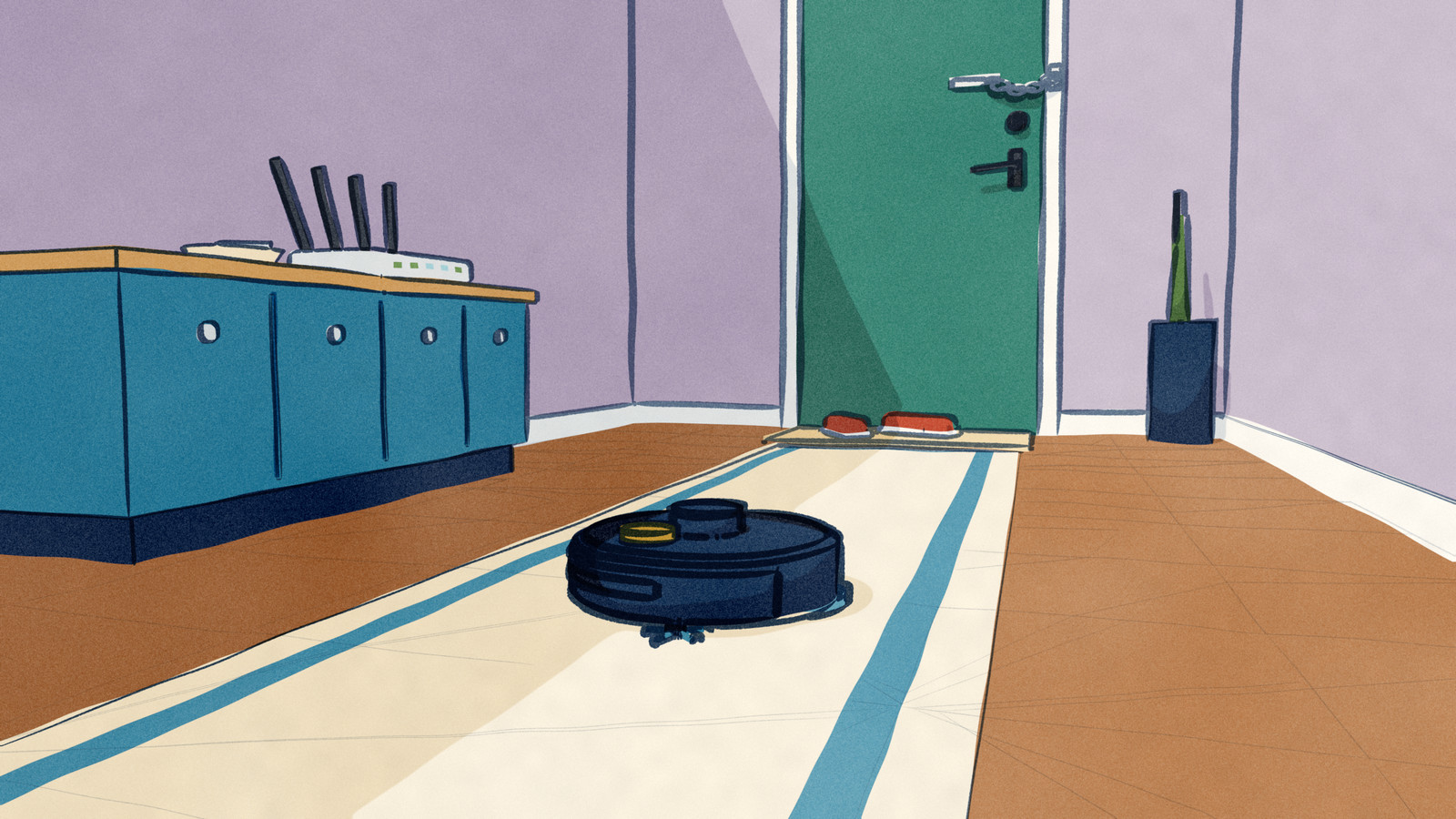 A dark robot vacuum runs down the runner of a tiled entry hall, past a shoe bench where the home router sits with its lights on, toward a front door that is bolted and on its chain.