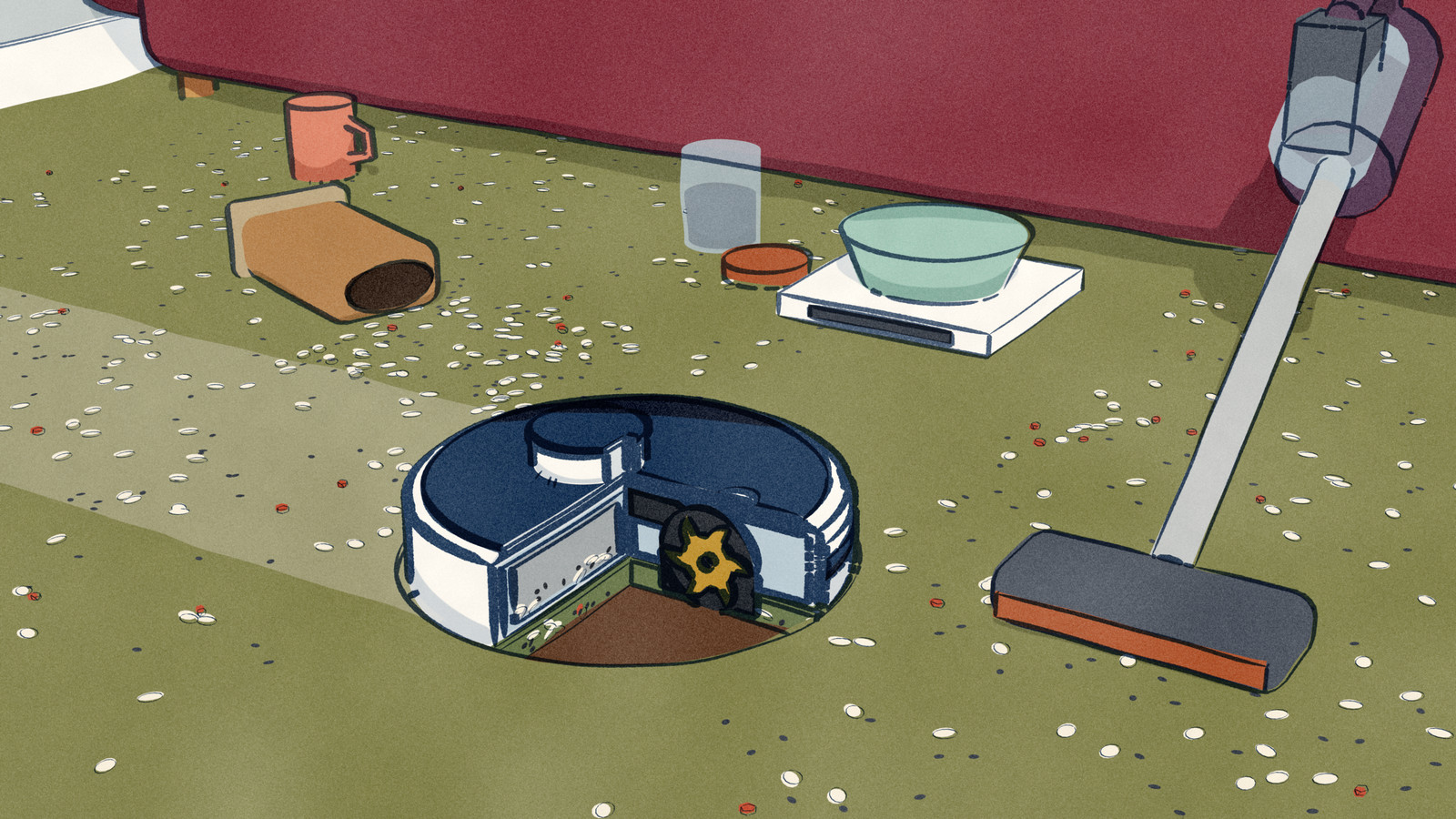 A robot vacuum crosses an olive carpet strewn with oats, seeds and berry pieces, drawn cut through so its brush roll shows in the pile and seeds sit deep in the fibres behind it, while a stick vacuum leans on the sofa.