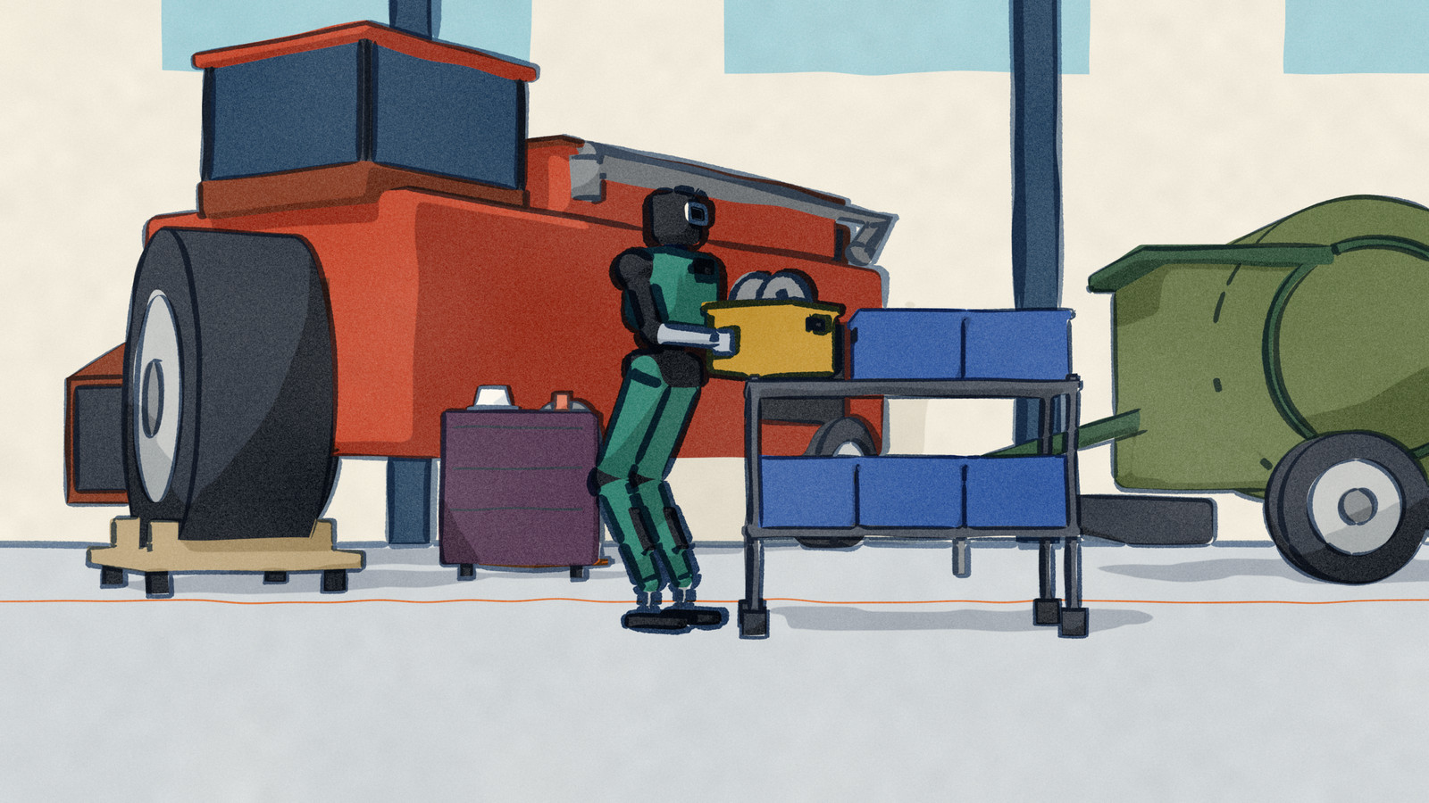 In a farm-equipment factory, an Agility Digit humanoid sets a tote of parts on a line-side cart in front of a red combine being assembled, one drive wheel still waiting on a dolly beside it.