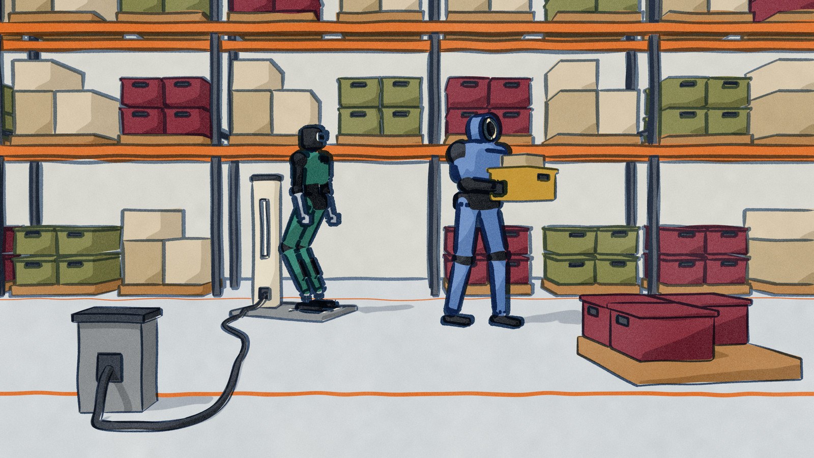 On a warehouse floor, Digit 5 stands charging on its dock in front of the pallet racking, its back to the lit charging post, while Atlas walks past it carrying a full tote.