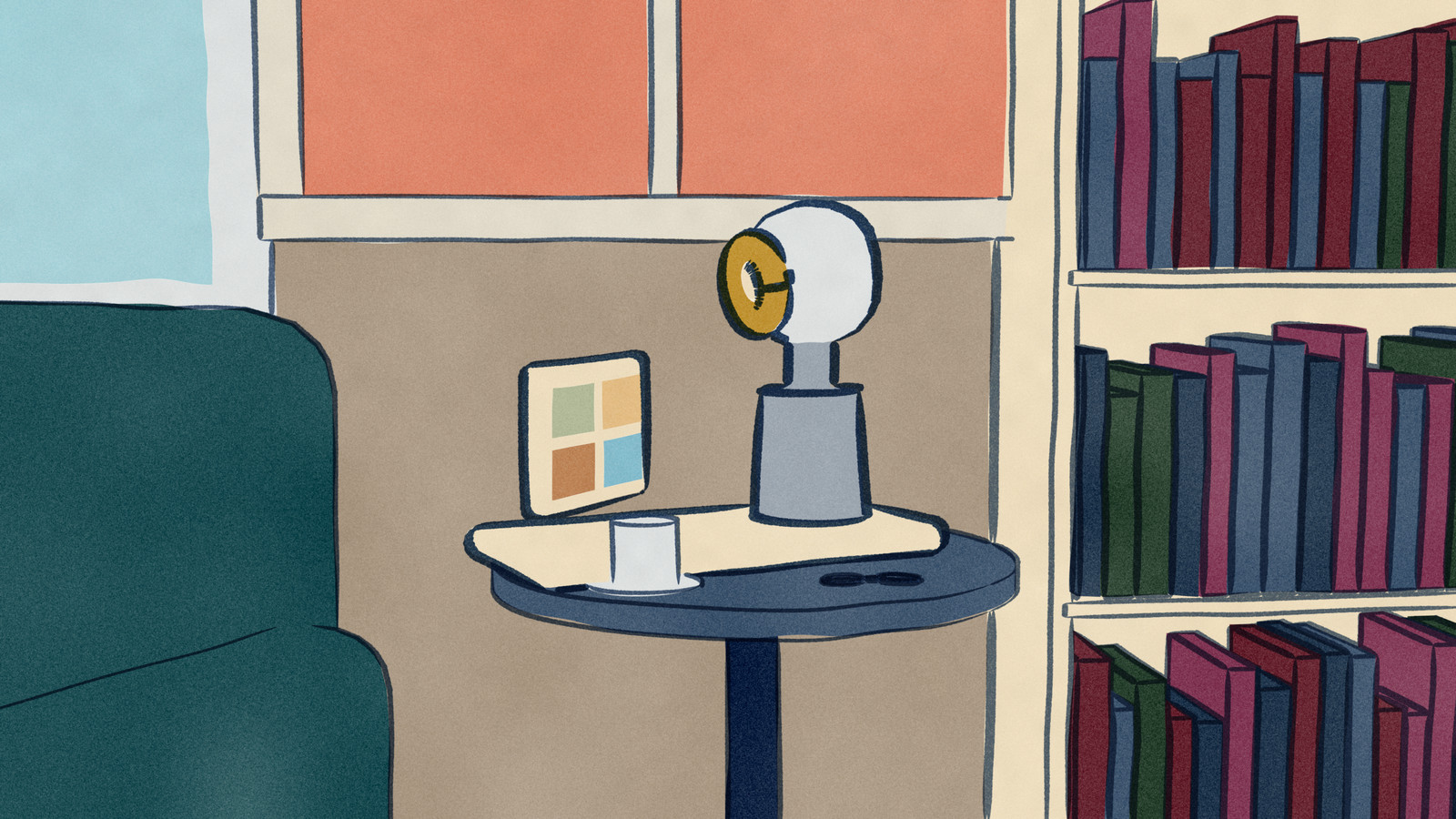 At dusk in a reading corner, a companion robot sits on the side table beside a cup of tea and reading glasses, its head turned toward an empty armchair.