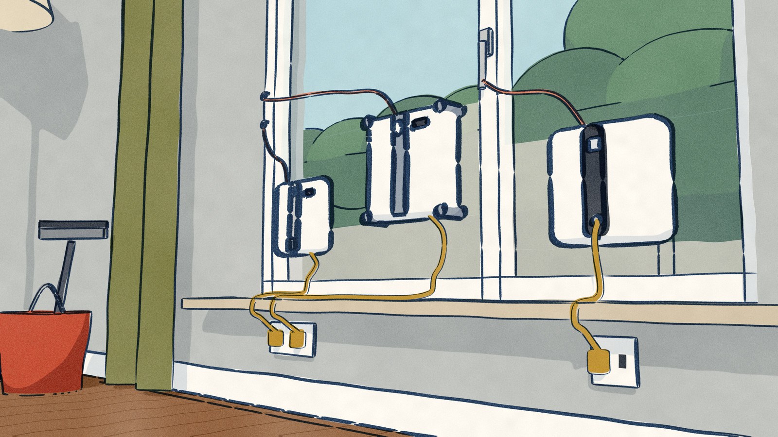 Seen from the living-room floor, three white window-cleaning robots work the glass of a low two-part window, each on its own coral safety rope, and each gold mains lead runs over the window board and down into its plug in the wall sockets under it, past a squeegee left in a bucket.