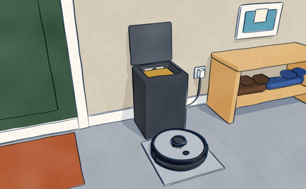 By the front door of the flat, the black robot vacuum-mop sits docked in front of its tall black station, whose lid stands open over the dust bag it empties into.