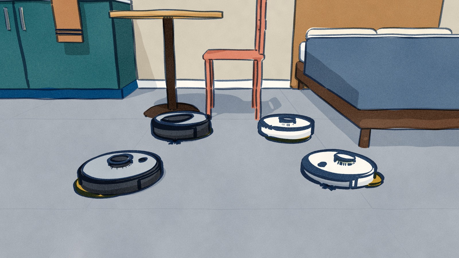 Four robot vacuum-mops, each with its mop pad down, work across the one polished floor of a one-room flat: past the foot of the bed, under the table for two and along the kitchenette.