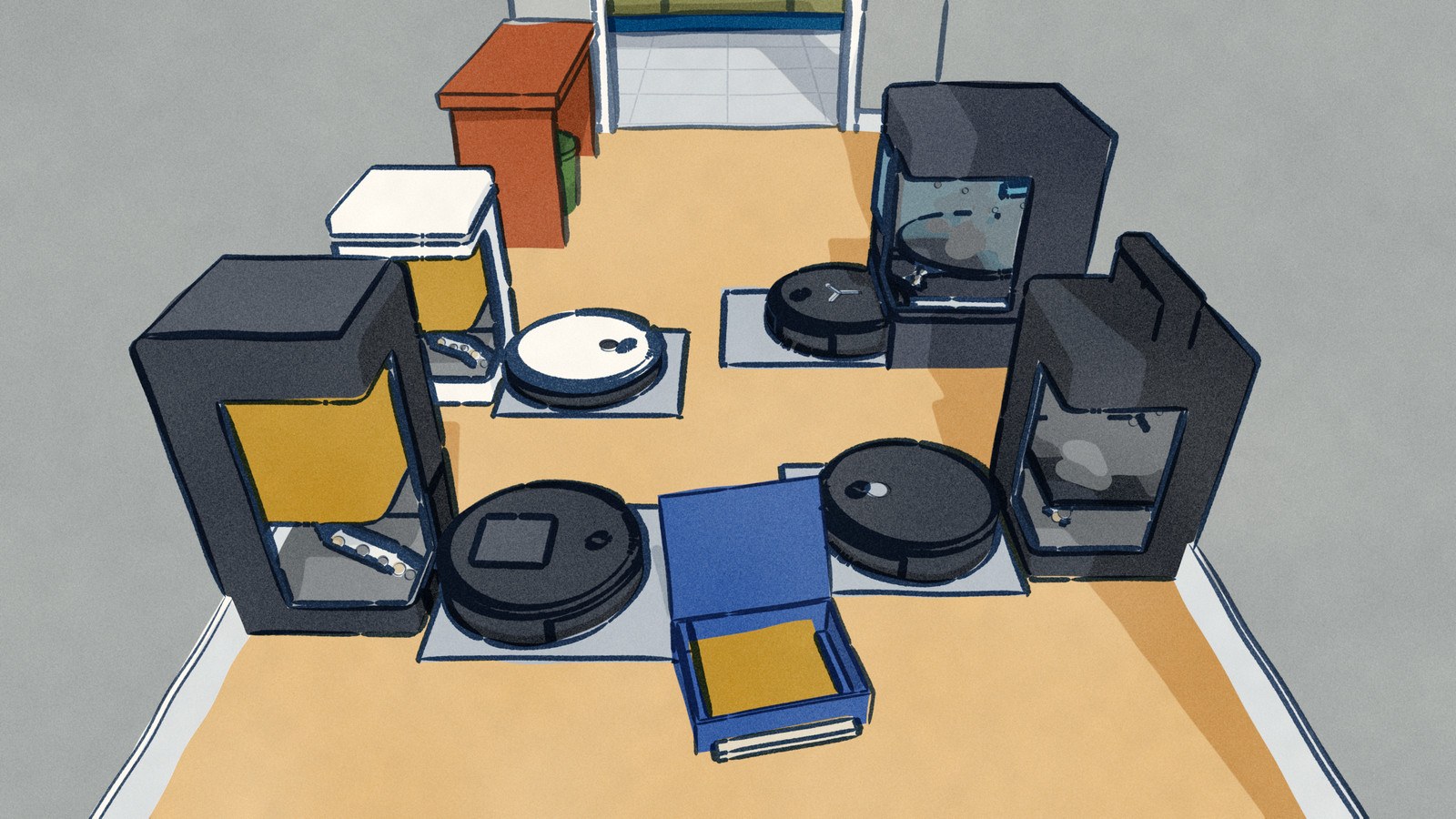 A back hall with four robot vacuums on their self-emptying docks, each dock cut open as it empties the robot: on the left dust rises into a dust bag, on the right two bagless docks whirl it into clear bins.