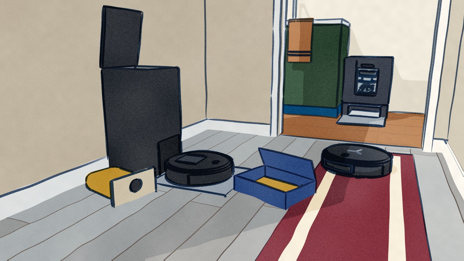 Seen from the hall floor: a black Roomba dock stands with its lid open, its full dust bag lying on the boards beside an opened carton of new bags, while through the doorway a bagless Deebot rolls out of the kitchen past its dock with the dust in a clear bin.