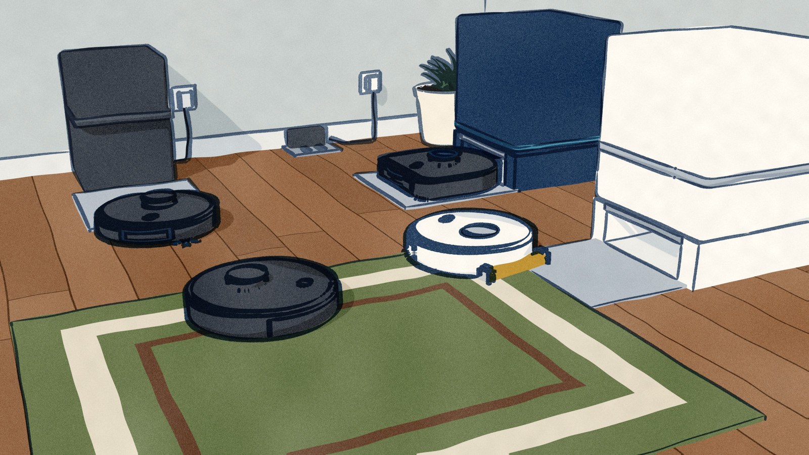 A living-room corner seen from knee height: the black Roborock Q10 S5 cleans the rug while its small charge-only plate waits empty against the back wall; its twin the Q10 S5+ backs onto a tall auto-empty tower, the BISSELL sits in its navy base by the corner, and the white MOVA S70 Roller rolls off its wash tower with its roller mop at the rear.