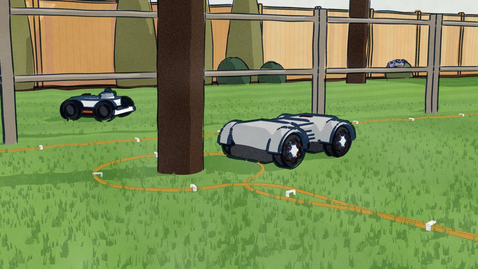 Seen from the grass, a grey robot mower turns back at a boundary wire pegged in a loop round the foot of an old tree, the wire running on along the fence, while over the rails a white wire-free mower mows the neighbour's lawn with nothing in the grass.