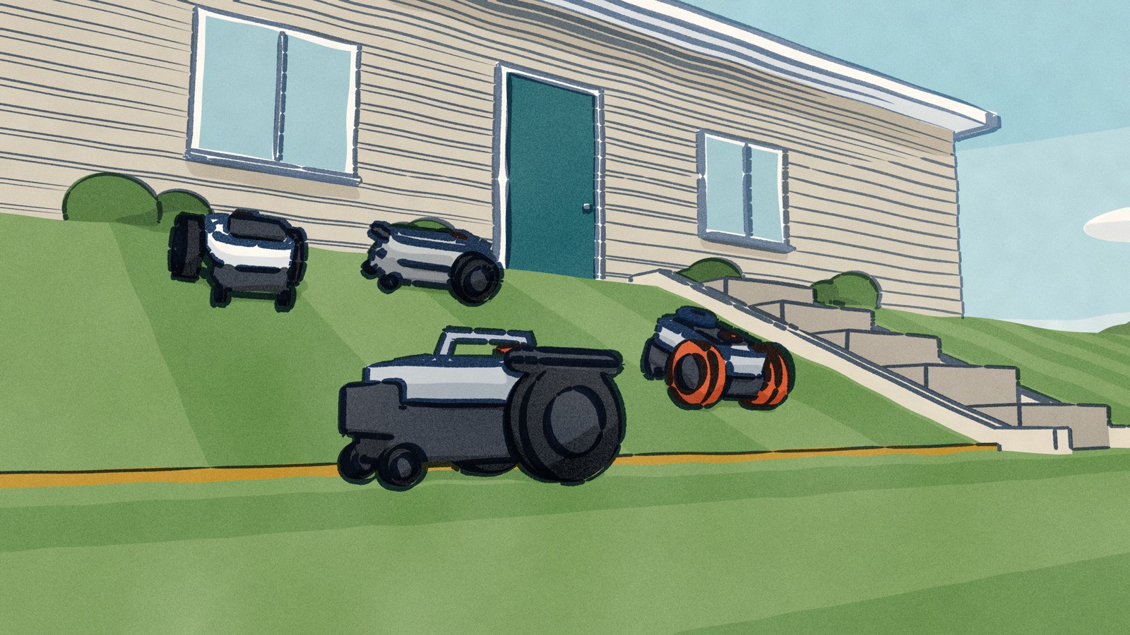 Four robot mowers in a small hillside front garden: three work the steep bank below the house, while a fourth mows the flat strip at its foot.