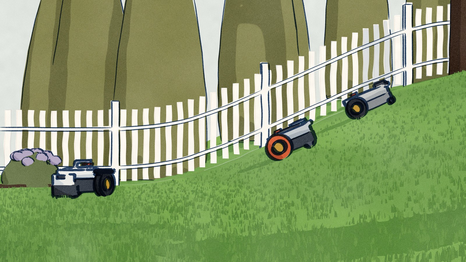 Seen from the side of the garden, the Segway Navimow i2 AWD and the ANTHBOT Genie 600 climb a steep grass bank while the eufy E15, which steers by cameras alone, has turned back on the level lawn at its foot.