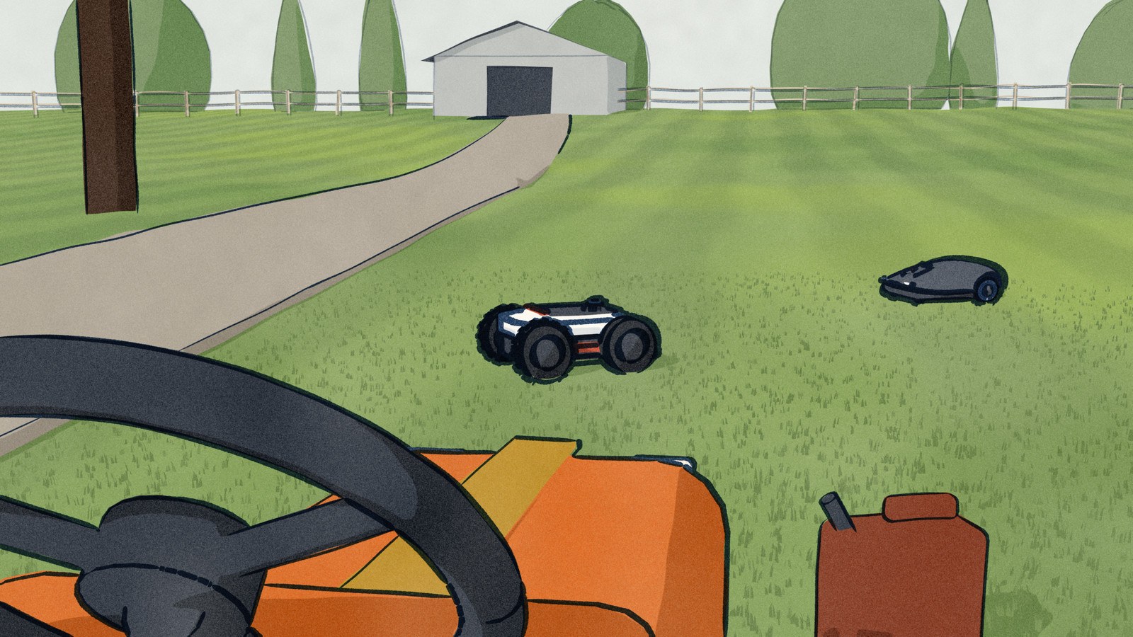 Seen from the seat of a parked ride-on mower, over its orange hood, the Dreame robot mower cuts across a long striped lawn while the Husqvarna works further out, the lawn running on to a barn and a paddock fence far off.
