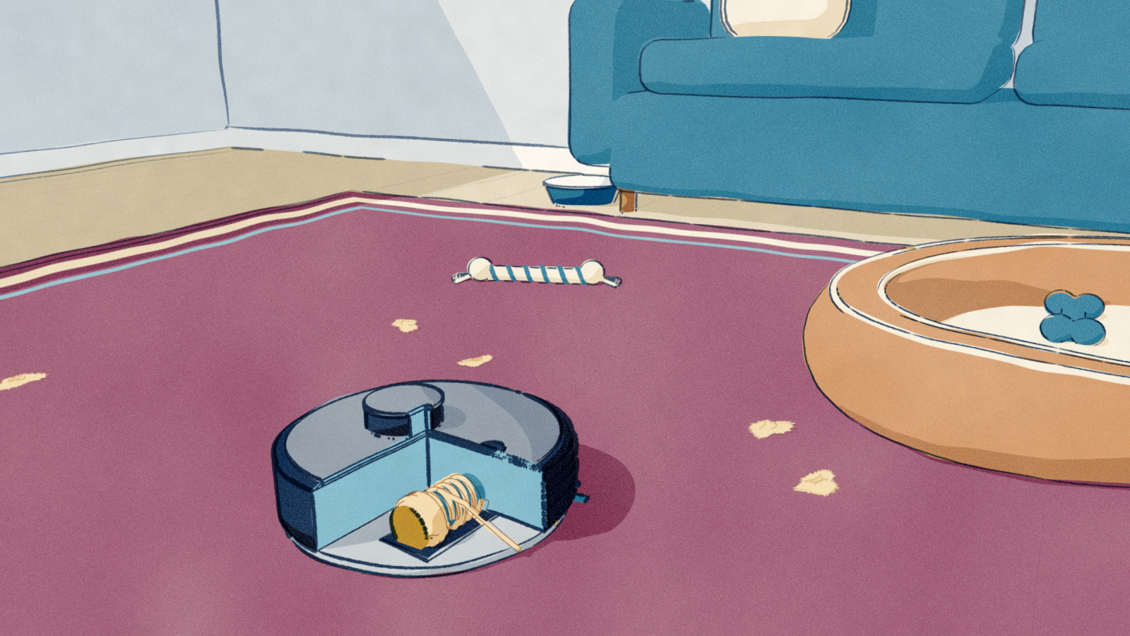 A dog bed with a chew bone on its cushion sits on the rug while a robot vacuum works nearby; tufts of shed cream coat lie on the bolster and the rug, and the robot, cut open, shows the same hair wound around its brush roller.