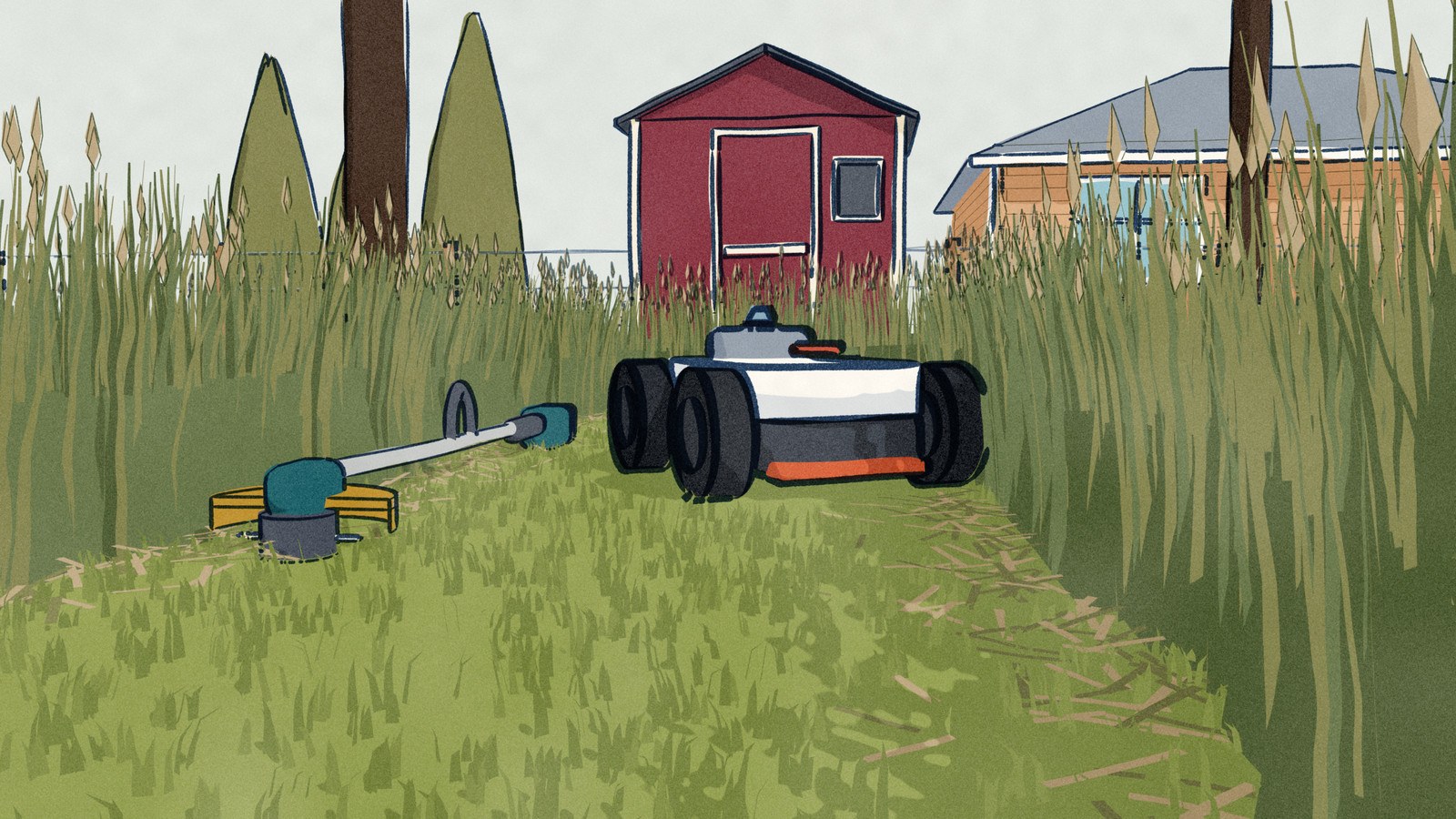Seen from the stubble at mower height: a white Mammotion LUBA 3 AWD mows a swathe a string trimmer has cut down a knee-high neglected lawn, the uncut grass taller than the mower on both sides and the trimmer lying at the end of the swathe.