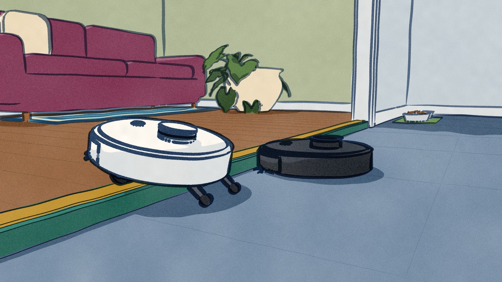 A white robot vacuum rides up over a raised door sill on two small legs while a black robot vacuum beside it sits on the tiles with its bumper against the sill.