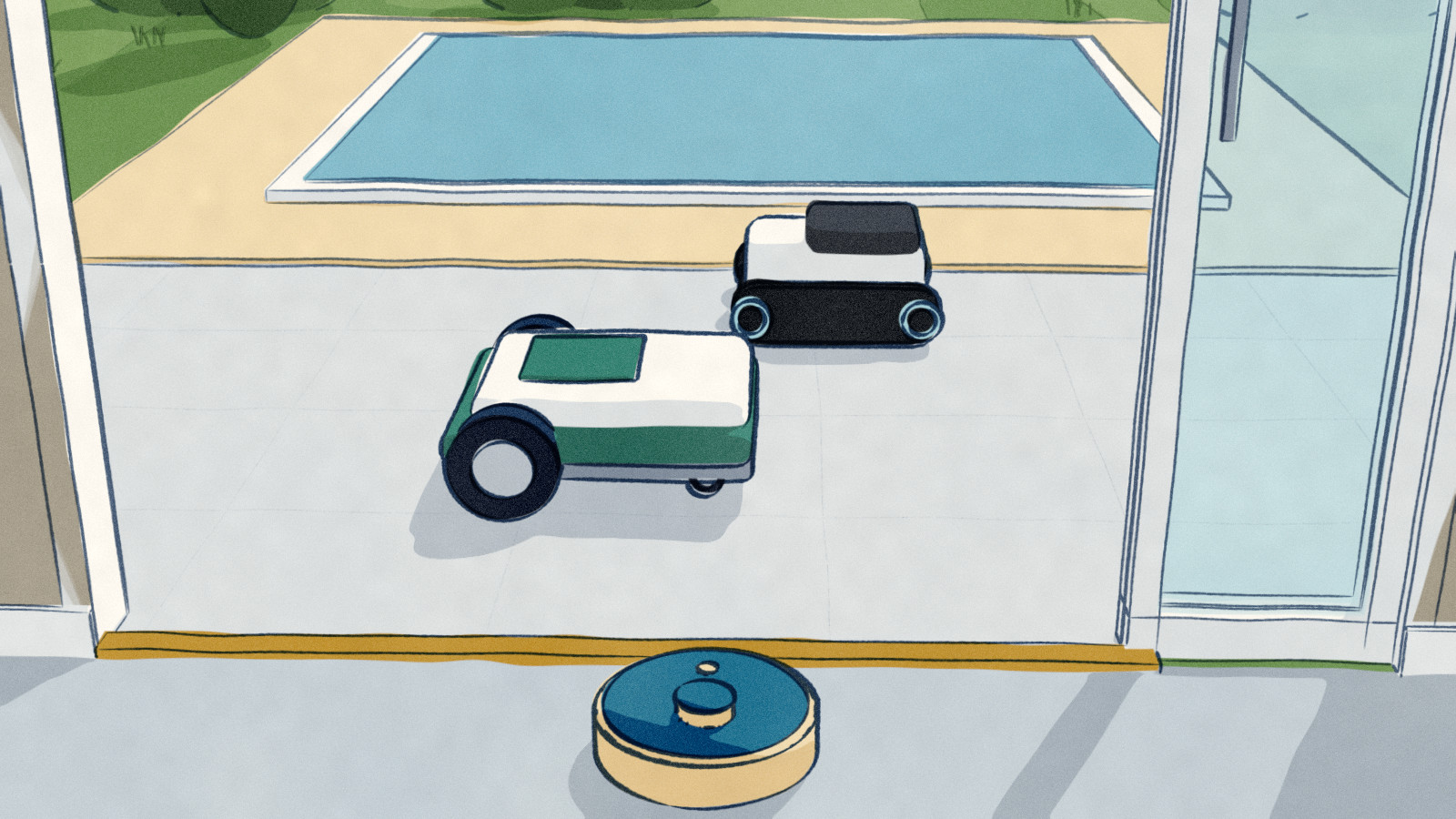 A sliding patio door stands open: a robot vacuum has stopped at the sill on the inside, a robot mower is passing along the patio outside, and a pool cleaner stands on the paving beyond, three machines at one threshold, none aware of the others.