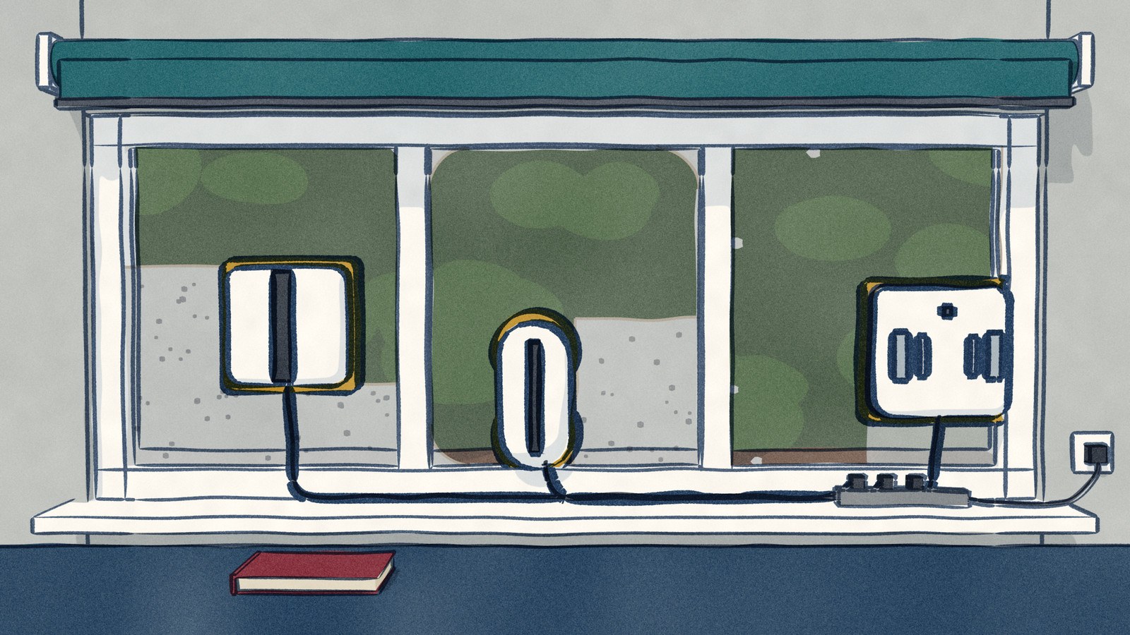 Three window robots each clean one dusty pane of a window over a window seat; the glass they have cleared shows their routes, and the middle robot has left round dusty pockets in its corners.