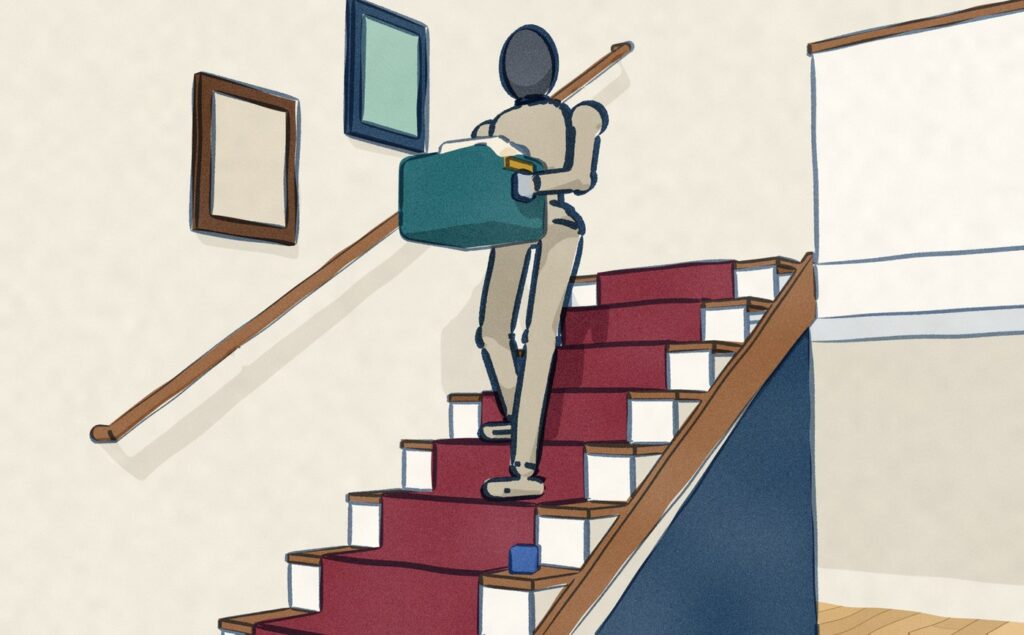 Seen across the hall, the 1X NEO humanoid comes down the stairs carrying a full laundry basket in both hands.