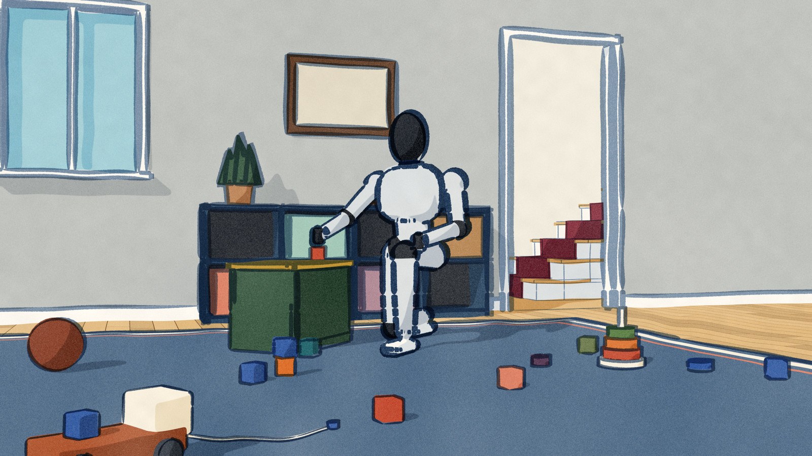 Seen from the floor among scattered toys, the Figure 03 humanoid kneels on a play rug and drops a block into an open toy box, with most of the toys still out around it.