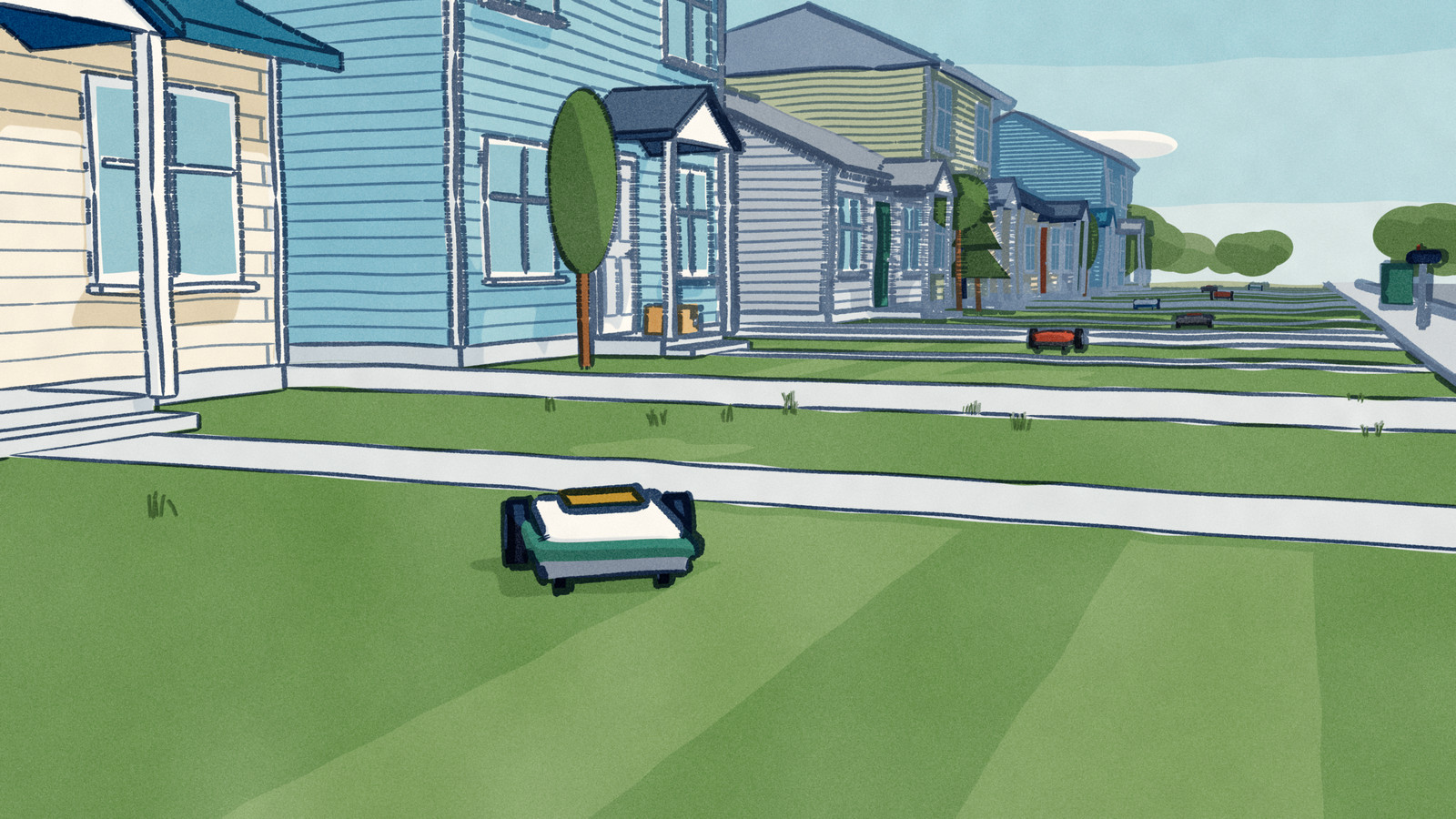 A suburban street on a sunny morning where a robot mower is cutting every front lawn, each one a different model, while a delivered box waits on a doorstep.