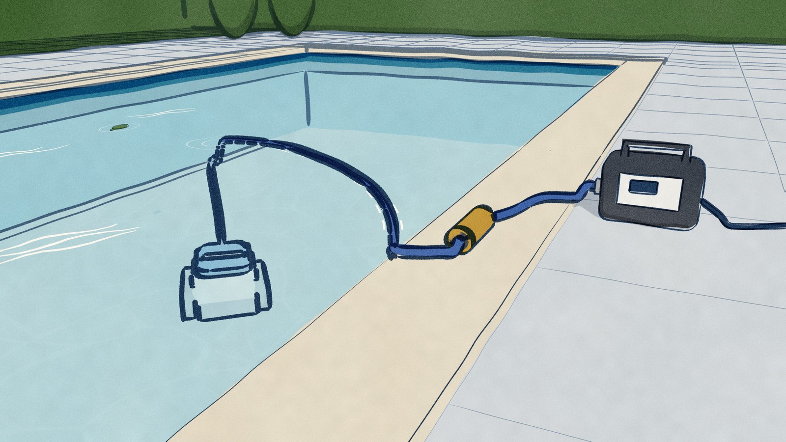 Seen from the pool edge: a white-and-blue Dolphin Proteus DX4 cleans the floor of the shallow end, its blue cable rising from its top, floating to the wall and climbing over the coping through a gold anti-tangle swivel to its power supply on the deck.