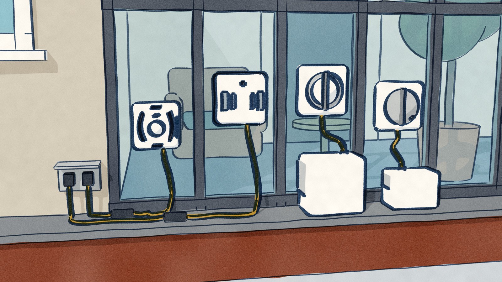 Four window robots clean the outside of a garden conservatory, one to a pane: the two nearest the house trail cords along the stone ledge to an outdoor outlet on the house wall, and the two farther along trail cables to their own battery stations standing on the ledge, plugged into nothing.