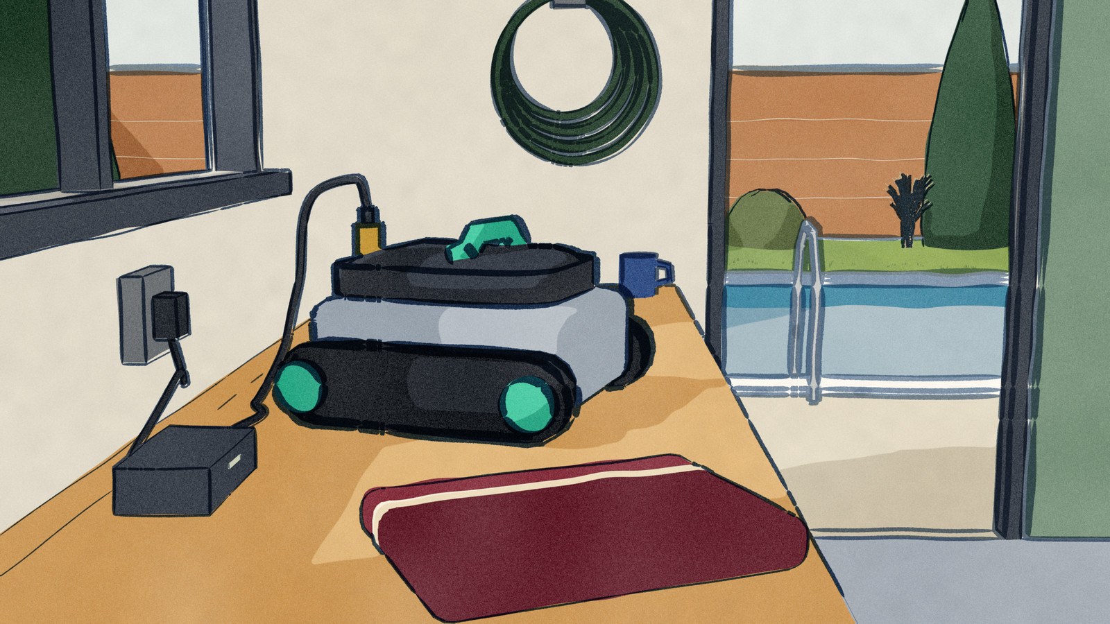 In a pool shed, the Wybot C1 sits on the workbench on charge, its lead plugged in and running to a charger brick and a socket under the window, with the pool in the sun through the open door.