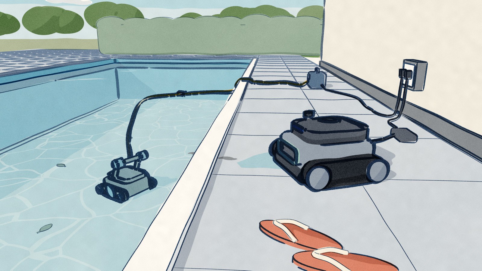 On a pool deck the cordless Wybot C2, just lifted out and dripping, charges from the pump house outlet, while the corded Dolphin Premier keeps cleaning the pool floor on its long floating cable from a power supply on the deck.