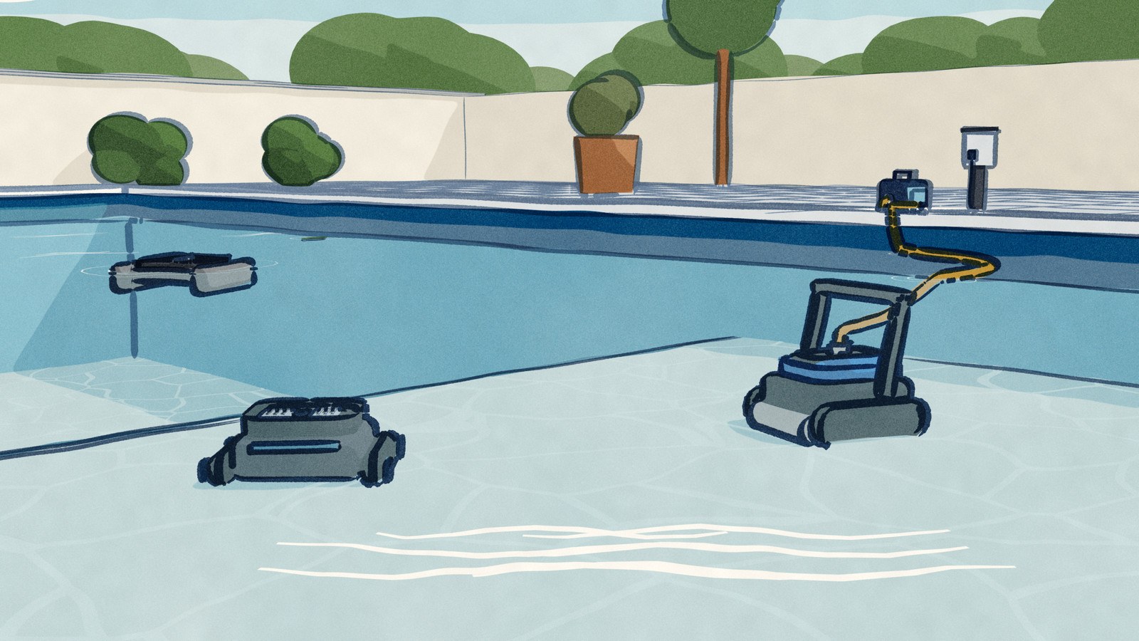 Seen from just above the water of a pool's shallow sun ledge: two pool robots clean the ledge, and only the blue-topped Dolphin trails a cable, floating across the surface and over the coping to a power supply plugged in on the deck, while the cordless Aiper Scuba and the solar Surfer skimmer beyond have no line.