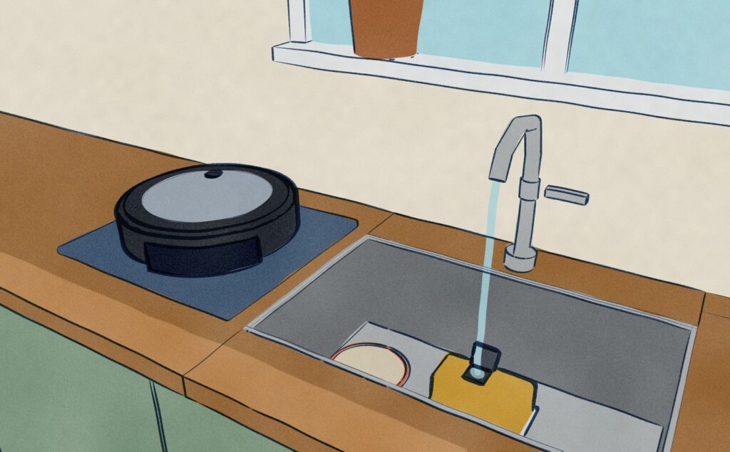 At the kitchen sink, a black Roomba Combo j5+ sits on a folded towel on the counter with the bay at its back empty, while its Combo Bin stands in the sink under the running tap being filled with water.