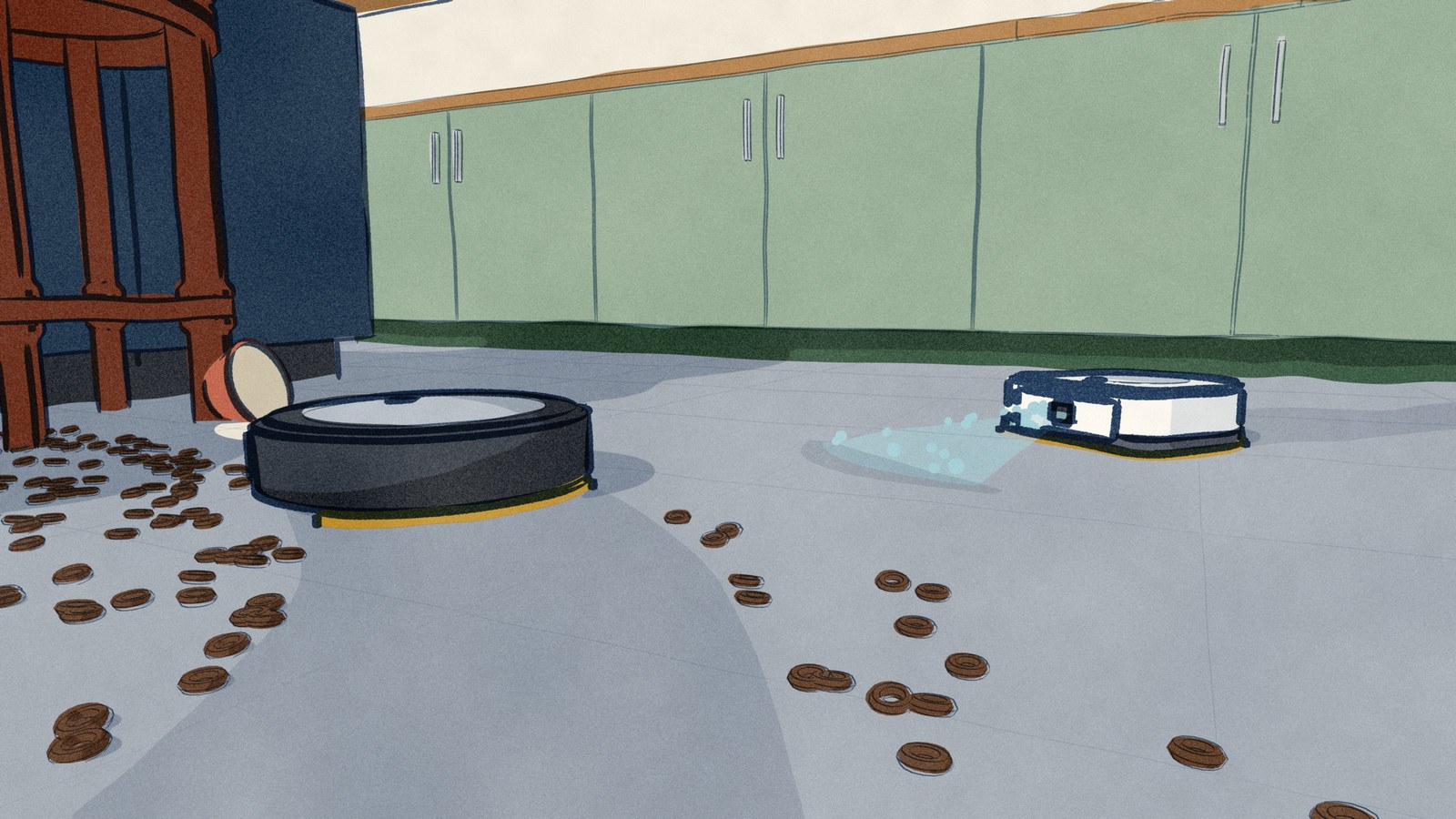 On a grey-tiled kitchen floor by the breakfast bar, a black Roomba Combo j5+ drives into a spilled bowl of cereal, leaving one clean damp lane behind it, while a white Braava jet m6 sprays water ahead of its pad along the cabinets.