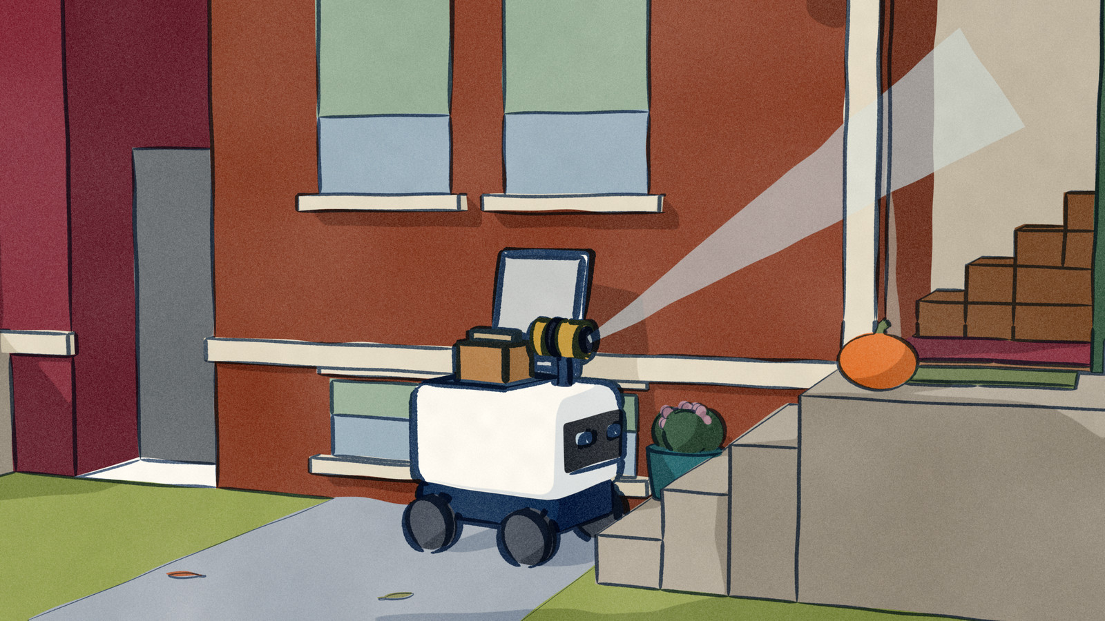 A sidewalk delivery robot waits at the foot of a brick two-flat's front steps with its lid open on a takeaway bag, its sensor head looking up the steps to the open front door.