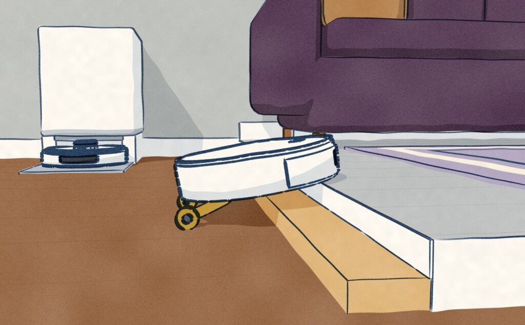 Close and side-on at a two-step rise from a walnut dining floor into a raised living area: the white DJI ROMO P2 is half way up, its nose on the upper step and its rear held up on two climbing legs.