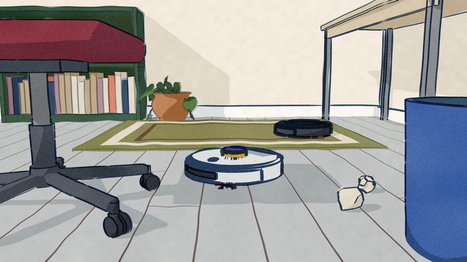 Seen from the floor of a home office: a white Dyson R1 Nurovi Dry curves round the casters of a desk chair under its raised LiDAR turret, while a flat black eufy RoboVac G30 with no turret runs across the rug beyond.