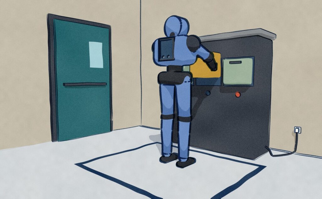 Atlas at its charging rack on a taped spot, its back to the camera and its battery bay empty, lifting a charged pack out of the rack to swap in itself.