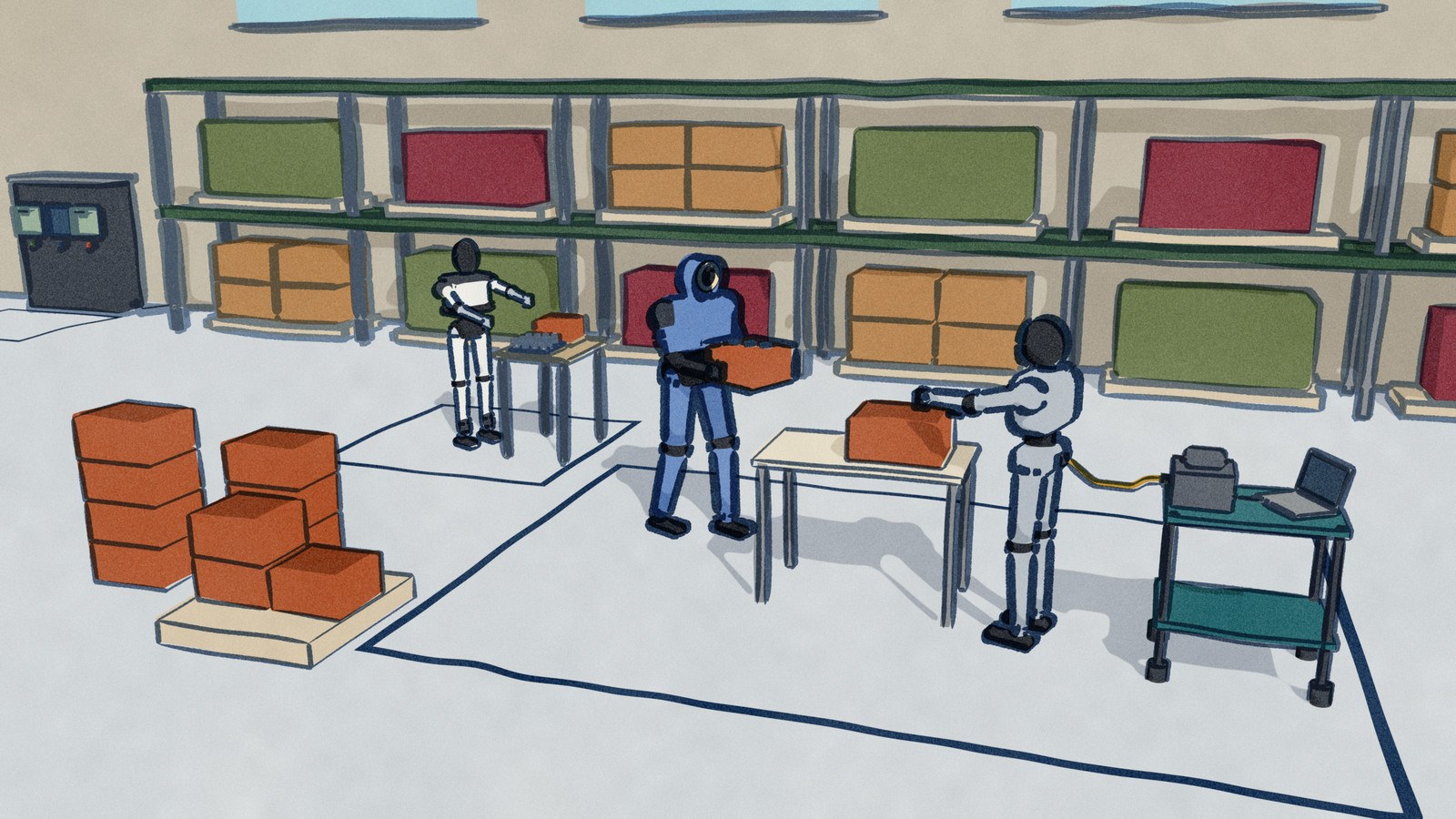 Three humanoids on one trial floor: Atlas carries a tote on its own, the Unitree H1 works a table tethered by a cable to a cart with a PC and a headset, and Optimus sorts cells at its bench.