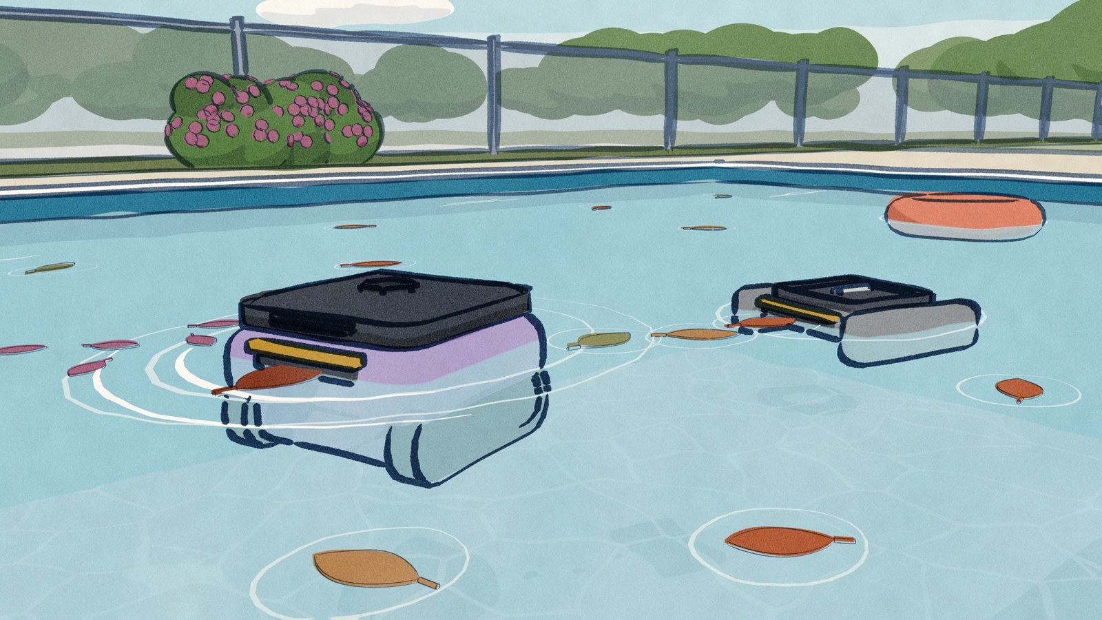 Seen from just above the water of a leaf-strewn backyard pool, a lilac and black pool robot in surface mode pulls an oak leaf into its front intake while pink petals slide away off its bow, and beside it a flat grey solar skimmer works the same water with leaves lined up ahead of its mouth.