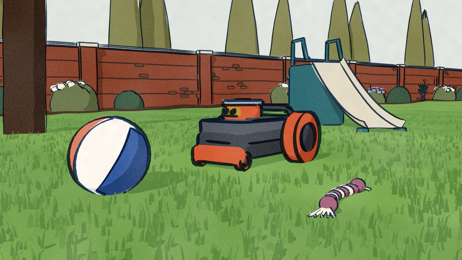 Seen from down in the lawn, a Segway Navimow H2 has stopped short of a child's beach ball in its path, with a dog's rope toy in the grass, a toddler's slide behind and a brick garden wall closing the garden.