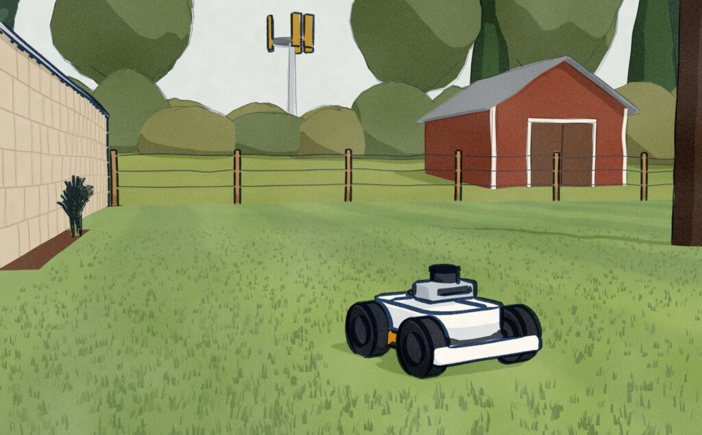 Beyond a stone garden wall, a white Mammotion LUBA mini 2 robot mower cuts the lower lawn on its own; past a wire paddock fence, a timber barn and a line of trees, the head of a cell mast stands above the trees.