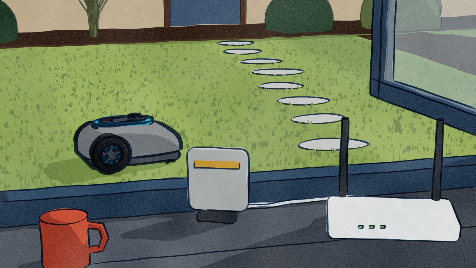 From inside a kitchen window, a Gardena smart Gateway stands on the sill wired to the router while, through the open casements, a Gardena smart Sileno free robot mower cuts the lawn below.
